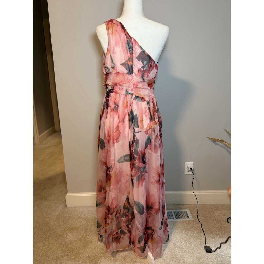 One Shoulder Waist Cinched Peach Long Floral Dress Size Large - Picture 6 of 8